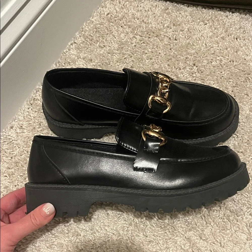 Zara Black Loafers with Gold Chain Detail